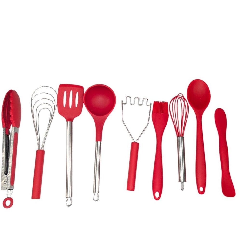 Kitchen Tool LOT OF 9 Red Silicon Tongs Wisk Ladle Spoon Brush Potato Masher